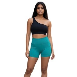 New 2pc Sports Bra Black & Teal Shorts w pockets Gymwear Workout Yoga Large